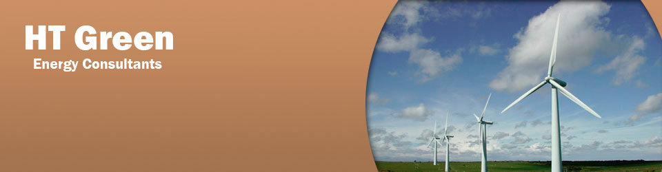 the words HT Green Energy Consultants on a light brown background with a picture of a wind farm on the right